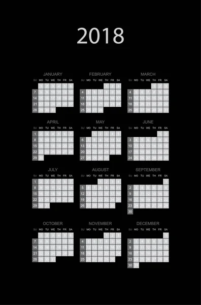 Einfacher Kalender schwarze Farbe für 2018 Jahr. Woche beginnt am Sonntag. — Stockvektor