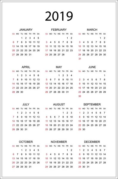 Einfacher Kalender für das Jahr 2019. Woche beginnt am Sonntag. — Stockvektor