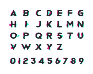 Alfabe numaraları ve trendy aksaklık etkisi ile. Düz vektör çizim Eps 10