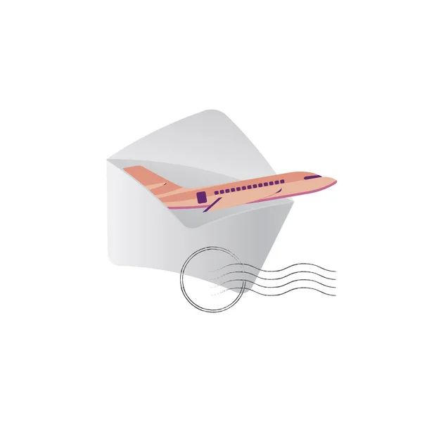 O avião voa de um envelope com um selo. Ícones de conceito para itens postais. Ilustração vetorial plana EPS10 —  Vetores de Stock