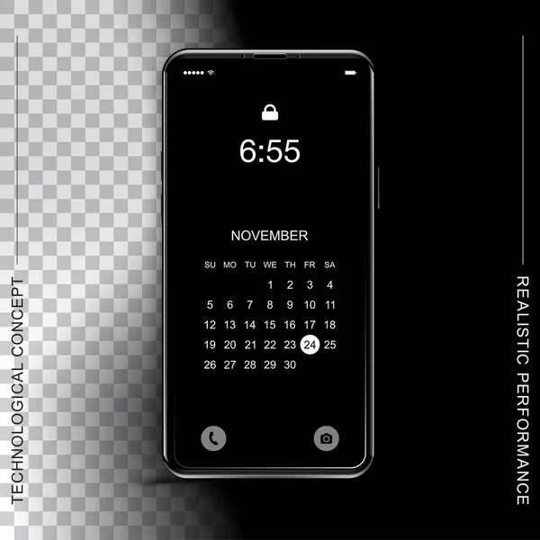 テンプレート現実的な黒いスマート フォン暗いと透明背景の画面ロックに。携帯電話の web アイコンとカレンダーのセットを. — ストックベクタ