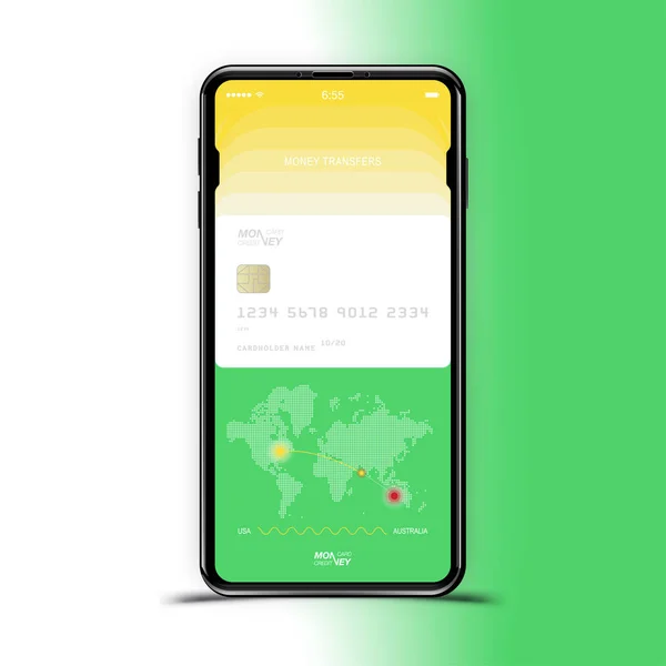 Concepto sobre el tema de las transferencias de dinero en línea. Un smartphone realista con una aplicación móvil, un mapa del mundo y una tarjeta de crédito para pagos en línea . — Vector de stock