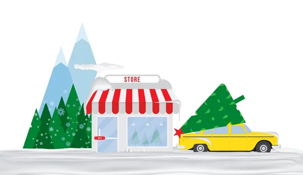 Dükkanı Noel ağaçları satışı için. Taksi karda Dağları ve ağaçları arka planda mağaza önünde park etmiş.