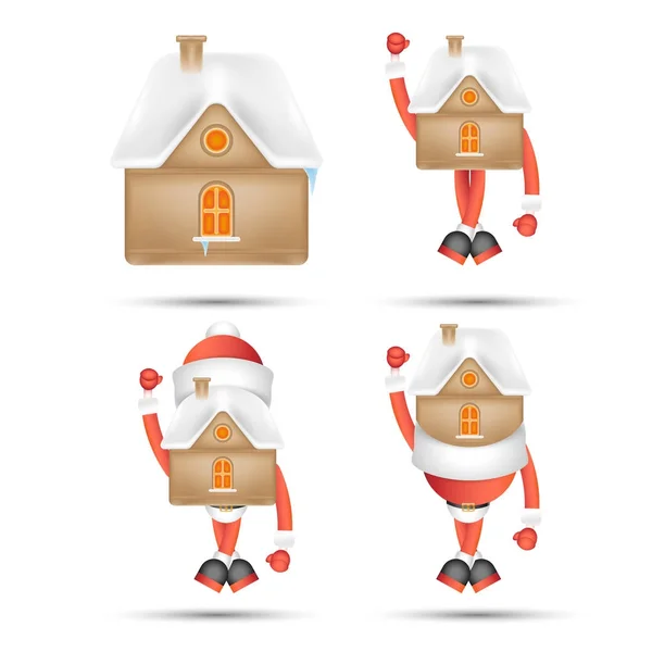 Establecer una casa de vacaciones con nieve en el techo y un sombrero rojo en forma de Santa Claus . — Vector de stock