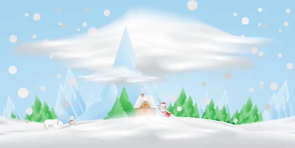 Personagem de desenhos animados Papai Noel e casa na neve — Vetor de Stock