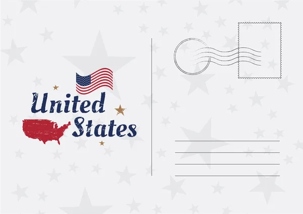 USA Carte postale vintage vectorielle avec drapeau américain et carte . — Image vectorielle