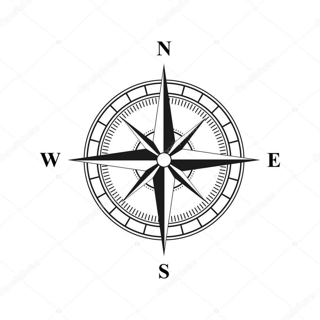 Old retro compass for navigating black. Flat vector illustration EPS 10
