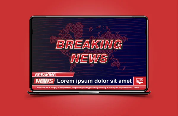 Banner Breaking News template in realistic laptop on colour background. Concept for screen TV channel. Flat vector illustration EPS10 — Stock Vector