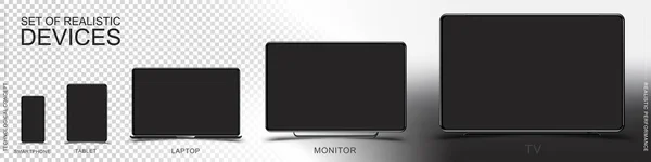 Mock-up gerçekçi cihazların ayarlayın. Akıllı telefon, tablet, dizüstü bilgisayar, monitör ve Tv şeffaf ve beyaz arka plan üzerinde. Düz vektör çizim Eps 10