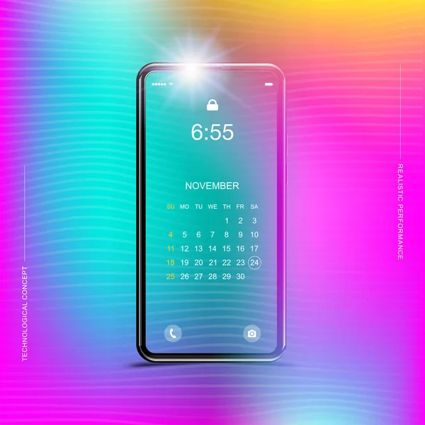 Sjabloon realistische smartphone met een kleurovergang en scherm vergrendelen op een achtergrond kleur. Telefoon met set van web iconen en kalender met verloop achtergrond. Platte vectorillustratie EPS-10 — Stockvector