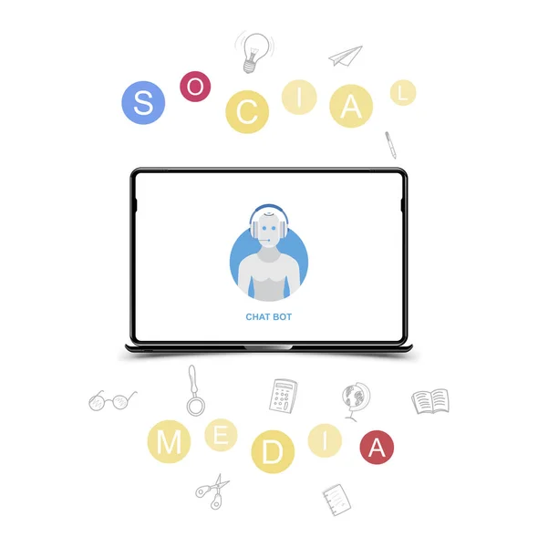Sociální média s chat bot a doodle ikonami v notebooku na bílém pozadí. Plochá vektorové ilustrace Eps 10 — Stockový vektor