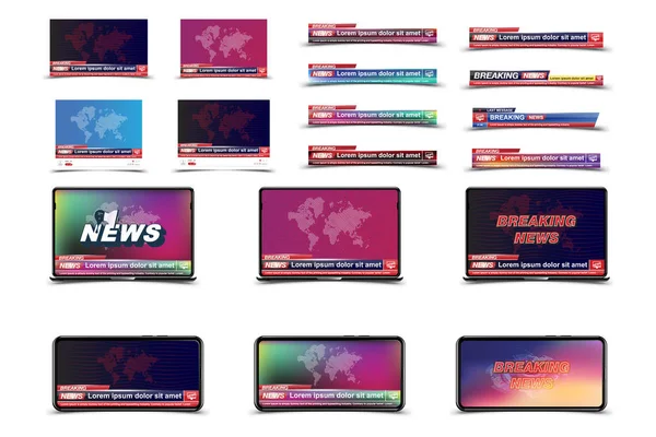 Imposta banner Breaking News modello in smartphone realistico e lap top con lettore video Interface su sfondo bianco. Concetto per il canale TV a schermo. Illustrazione vettoriale piatta EPS10 — Vettoriale Stock