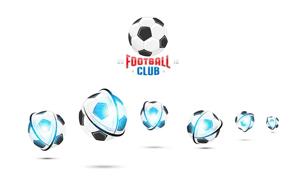 Championnat de football. Modèle de bannière avec des balles de football et du texte sur un fond avec un effet de lumière vive — Image vectorielle