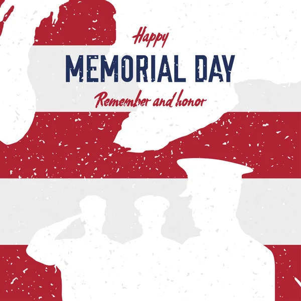 Happy memorial day. Vintage retro greeting card with flag and soldier with old-style texture. National American holiday event. Flat Vector illustration EPS10