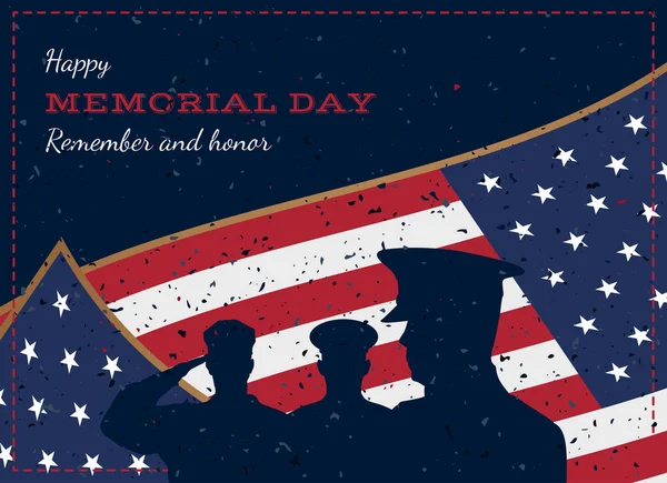 Happy memorial day. Vintage retro greeting card with flag and soldier with old-style texture. National American holiday event. Flat Vector illustration EPS10 — Stock Vector