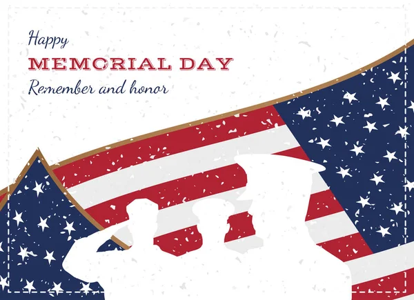 Happy memorial day. Vintage retro greeting card with flag and soldier with old-style texture. National American holiday event. Flat Vector illustration EPS10