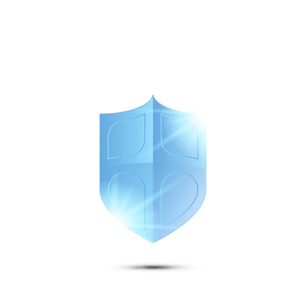 Il concetto di icona di protezione della sicurezza. Uno scudo realistico con effetti di luce e un'ombra sullo sfondo — Vettoriale Stock