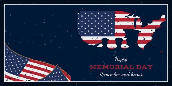 Happy memorial day. Vintage retro greeting card with flag and soldier with old-style texture. National American holiday event. Flat Vector illustration EPS10.