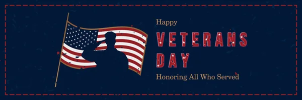 Happy Veterans Day. Retro greeting card with USA flag and silhouette of a soldier on the background. National American holiday event. Flat vector illustration EPS10