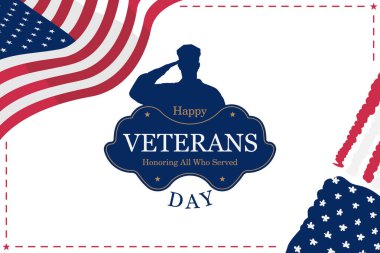 Gaziler Günün kutlu olsun. Arka planda Usa bayrağı ve silueti olan bir asker kartı. Ulusal Amerikan bayramı etkinliği. Düz vektör illüstrasyonu Eps10