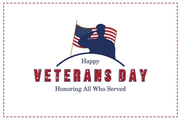 Happy Veterans Day. Greeting card with USA flag and silhouette of a soldier on the background. National American holiday event. Flat vector illustration EPS10