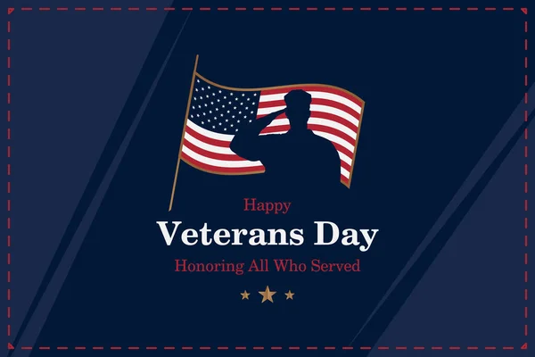 Happy Veterans Day. Greeting card with USA flag and silhouette of a soldier on the background. National American holiday event. Flat vector illustration EPS10