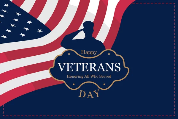 Happy Veterans Day. Greeting card with USA flag and silhouette of a soldier on the background. National American holiday event. Flat vector illustration EPS10