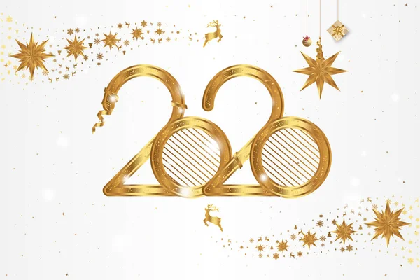 Üdvözlőlap Boldog Új Évet arany táblával 2020 Banner felirattal és szarvas, csillag és ajándékok, íjak és szalagok fehér alapon. Lapos vektor illusztráció Eps10 — Stock Vector