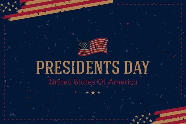 Felice giorno dei Presidenti. Biglietto di auguri vintage con bandiera USA su sfondo con texture. Festa nazionale americana evento. Illustrazione vettoriale piatta EPS10 — Vettoriale Stock