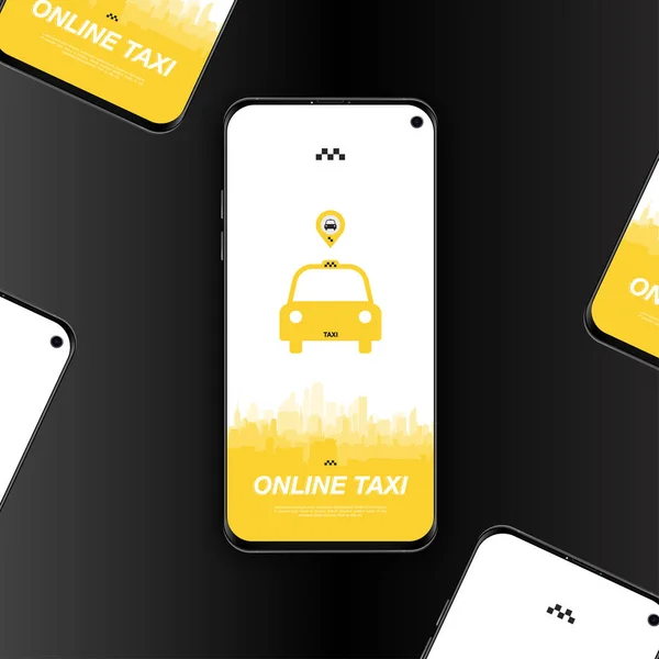 Online Taxi aplikacja mobilna z ikoną samochodu w smartfonie. Ilustracja wektora płaskiego10 — Wektor stockowy