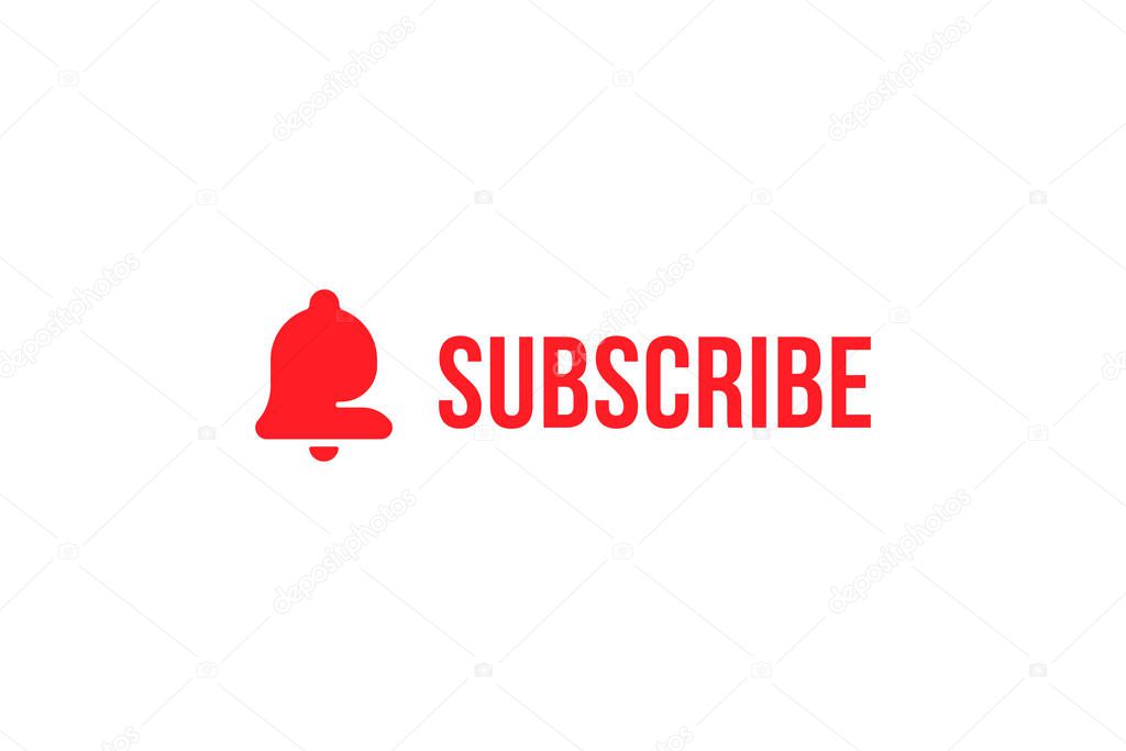 Subscribe button with bell icon. Red button for channel and video blog in social media on white background. Flat vector illustration EPS10