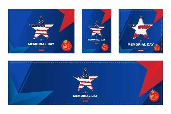 Happy memorial day. Set banner with Sale 50 offer with a big star with and shadow, on the background of the USA flag. National American holiday event. Flat Vector illustration EPS10