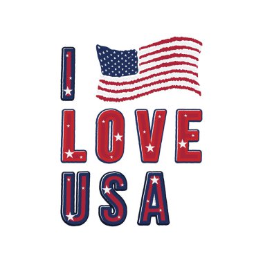 I love USA. Patriotic font lettering in American style with country flag for prints on clothes and souvenirs. Flat vector illustration EPS10