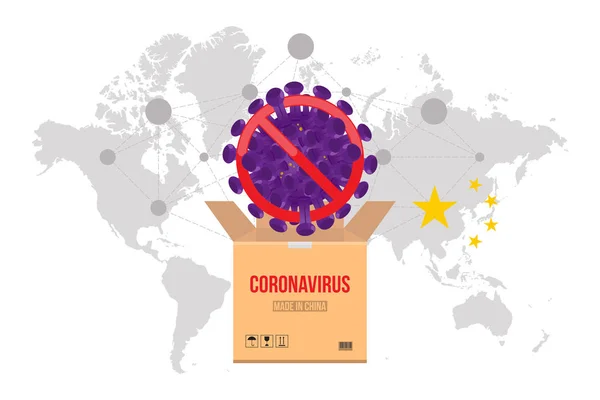 Coronavirus respiratorio patógeno de China con señal de stop. Bacterias en una parcela de China en el mapa mundial de fondo. Virus de la gripe flotante y células cancerosas. Ilustración vectorial plana EPS10 — Archivo Imágenes Vectoriales
