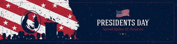Glücklicher Präsidententag in den USA. Vorlage Design mit einer Silhouette von Menschen und Podium für die Rede auf einem Hintergrund mit Textur und Porträt des Präsidenten mit US-Flagge. Nationaler amerikanischer Feiertag. — Stockvektor
