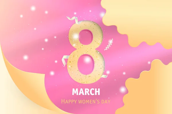 8 March International women's day. Greeting card with shining glitter, gold ribbon and sign eight. Flat vector illustration EPS10 — Stock Vector