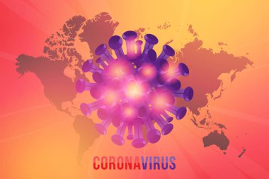 Dünya Haritası ve ışık efektleri olan Coronavirus. Grip tüm dünyaya yayıldı. Yüzen grip virüsü ve kanser hücreleri. Düz vektör illüstrasyonu Eps10.
