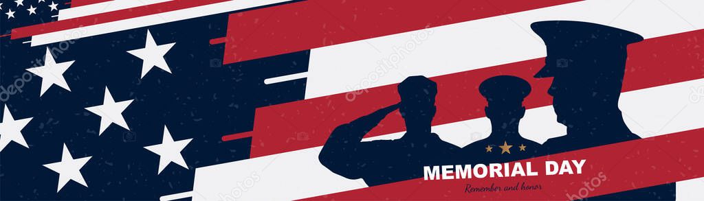 Happy memorial day. Vintage retro greeting card with USA flag and soldier with old-style texture. National American holiday event. Flat Vector illustration EPS10.
