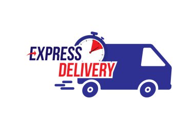 Ekspres dağıtım simgesi. Beyaz arkaplanda yazılı kamyon zamanlayıcısıyla hızlı nakliye. Düz vektör illüstrasyonu Eps10.