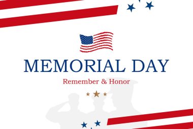 Anma Günün kutlu olsun. Üzerinde Usa bayrağı ve beyaz arka planda askerler olan tebrik kartı. Ulusal Amerikan bayramı etkinliği. Düz vektör illüstrasyonu Eps10.