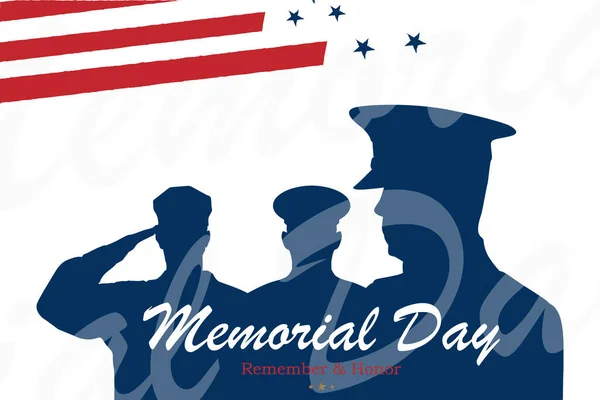 Happy Memorial Day. Greeting card with USA flag and soldiers on white background. National American holiday event. Flat vector illustration EPS10.