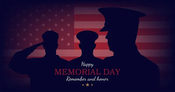 Happy Memorial Day. Greeting card with USA flag and silhouette soldiers on background. National American holiday event. Flat vector illustration EPS10.