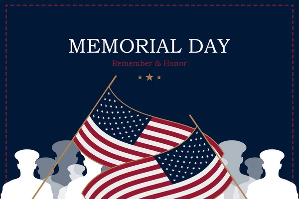 Happy Memorial Day. Greeting card with USA flag and silhouette soldiers on background. National American holiday event. Flat vector illustration EPS10.