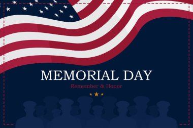 Anma Günün kutlu olsun. Arka planda Amerikan bayrağı ve siluet askerleri olan tebrik kartı. Ulusal Amerikan bayramı etkinliği. Düz vektör illüstrasyonu EPS10.