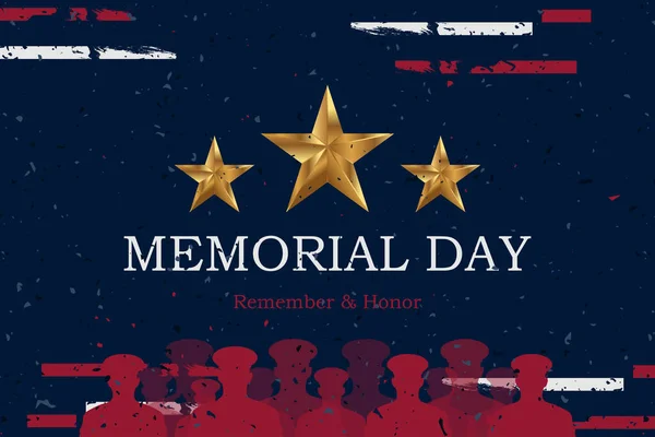 Buon Memorial Day Biglietto Auguri Con Bandiera Usa Soldati Silhouette — Vettoriale Stock