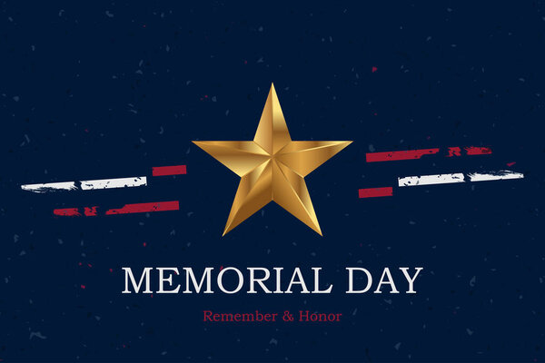 Banner Memorial Day. Vector illustration with lettering Remember and Honor and USA flag on blue background