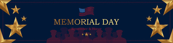 Happy Memorial Day. Long Greeting card with USA flag and silhouette soldiers with gold stars on blue background. National American holiday event. Flat vector illustration EPS10.