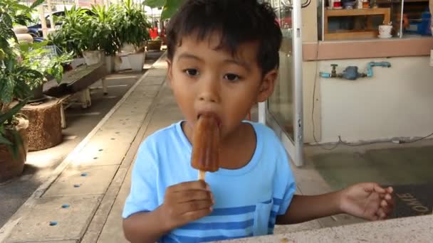Söta barn asiatiska liten pojke äter glass i parken — Stockvideo