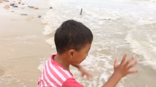 Kleiner Junge spaziert und spielt am Strand — Stockvideo