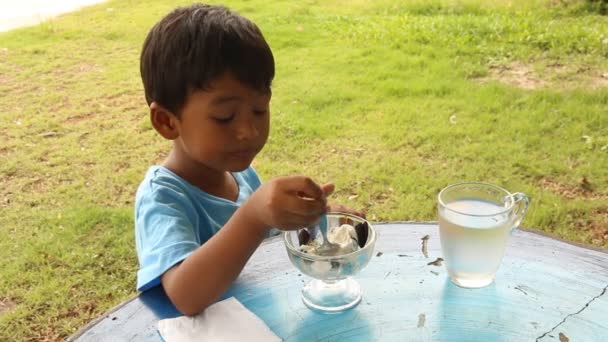 Милый маленький мальчик ест мороженое — стоковое видео
